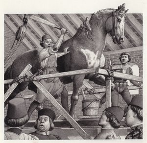 Andrea Verrocchio slaat het hoofd van zijn standbeeld van een paard (gouache op papier) door Pat (1907-95) Nicolle