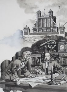Halley die Newton ondervraagt (gouache op papier)