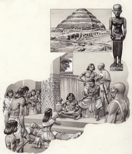 Imhotep "de goede arts" geeft advies aan een zieke man (gouache op papier)