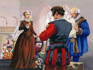 Mary Queen of Scots op het punt onthoofd te worden in Fotheringay Castle (gouache op papier)