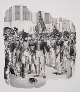Napoleon (1769-1821) op weg naar ballingschap (gouache op papier)