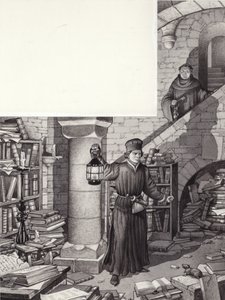 Poggio Bracciolini in de verwaarloosde bibliotheek van het klooster van St Gall (gouache op papier)