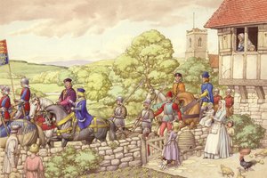 Prins Edward rijdt van Ludlow naar Londen (gouache op papier)