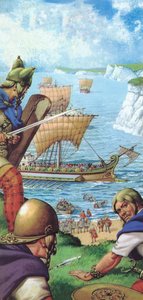 De Romeinen vallen Brittannië binnen (kleurenlitho)