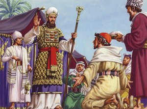 De drie wijzen vragen aan Herodes "Waar is de baby die geboren is om Koning van de Joden te worden" (gouache op papier)