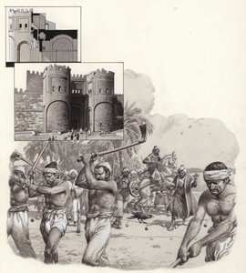 De bouw van de eerste muren van Caïro begon in 969 na Christus (gouache op papier)