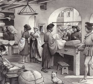 De winkel van een lakenhandelaar in renaissance-Italië (gouache op papier)
