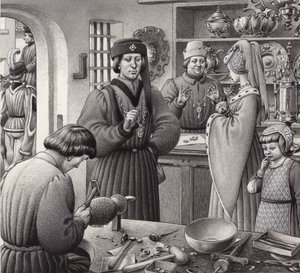 Een goudsmederij in 15e eeuws Italië (gouache op papier)