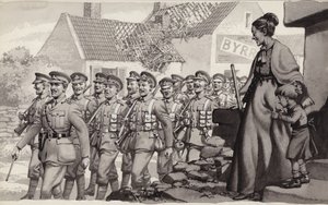 Britse soldaten marcheren (gouache op papier)