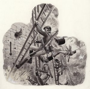 Britse soldaten onder vuur van de Fransen tijdens de aanval op Badajoz (gouache op papier) door Pat (1907 95) Nicolle