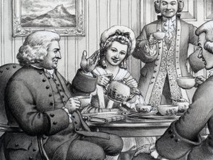 Dr Johnson op de thee bij Mr en Mrs Thrale door Pat (1907-95) Nicolle