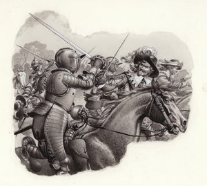 Zwaar gepantserde cavalerie van de 17e eeuw (gouache op papier)