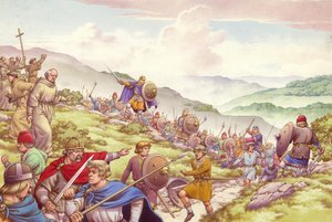 Koning Aethelfrith stuurt soldaat om twaalfhonderd monniken af te slachten (gouache op papier)