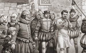 Koning Henri III van Frankrijk doet boete door in een haarhemd door de straten van Parijs te lopen terwijl hij zweepslagen krijgt (gouache op papier)