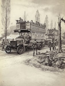 Londense bussen die troepen naar het front brachten tijdens WO I (gouache op papier)