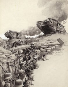 Tanks rollen over Duitse loopgraven tijdens de Grote Oorlog (gouache op papier)