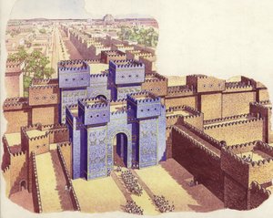 De Ishtar poort van Babylon (gouache op papier)