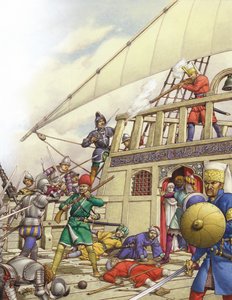De ridders van Sint Jan namen het mooiste galjoen van Turkije, de Sultana, in beslag (gouache op papier)