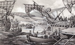 De Romeinen vallen Engeland binnen in 55 v.Chr. onder Julius Caesar (gouache op papier)