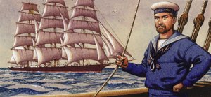 Goed geklede zeeman en vierkantig zeilschip (gouache op papier)