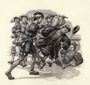 William Herbert valt een onschuldige voorbijganger aan in Bristol (gouache op papier) door Pat (1907 95) Nicolle