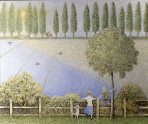 Paardrijden in blauw (olieverf op doek) door Pat Scott