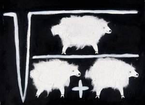 Klonen: Een wiskundig symbool dat vierkantswortel, deling en optelling voorstelt met schapen als proefkonijnen. Witte katoen collage op zwarte achtergrond.