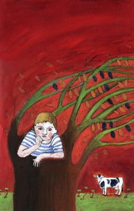 De eenzaamheid van een wees, alleen in een boom, de wind in de takken Illustratie 2013