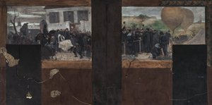 Schets voor het kantoor van de prefect in het stadhuis van Parijs: Het vervoeren van de gewonden naar de ambulance - Vertrek van de Armand Barbès door Paul Emile Mangeant