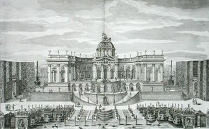 De Grote Grot en de Fonteintuin bij het Prinselijke Lustpaleis en Tuinen, Berlijn, gegraveerd door Johann August Corvinus, gepubliceerd ca. 1711-16 (gravure) door Paul Decker