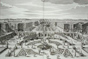De Grote Waterval van het Prinselijke Lustpaleis en Tuinen, Berlijn, gegraveerd door Karl Remshard, gepubliceerd ca. 1711-16 (gravure)