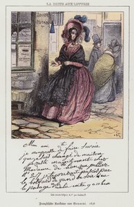 Vrouw die een brief gaat posten, Franse cartoon