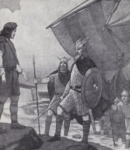 Broers Hengist en Horsa arriveren in Ebbsfleet, Isle of Thanet, Kent, tijdens de invasie door de Angelen, Saksen en Juten in de 5e eeuw (litho)