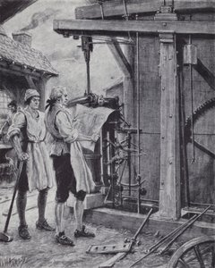 James Watt aan het werk aan de stoommachine door Paul (after) Hardy