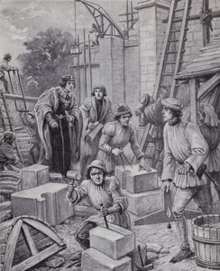 Koning Hendrik VI houdt toezicht op de bouw van Eton College dat hij in 1440 stichtte (litho) door Paul (after) Hardy
