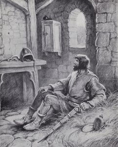 Robert the Bruce met de spin die hem inspireerde om opnieuw te proberen de Engelsen te verslaan (litho)