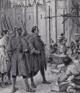 Willem de Veroveraar houdt toezicht op de bouw van de Tower of London (litho) door Paul (after) Hardy