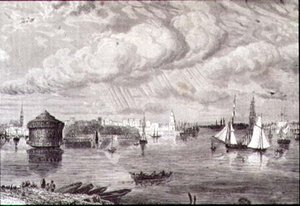 Haven van New York in de jaren 1860 (gravure) door Paul (after) Huet