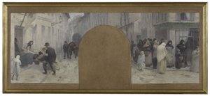 Schets voor het Hôtel de Ville de Paris, kabinet du préfet: Het vervoeren van de gewonden naar de ambulance. Wachtrijen voor een winkel tijdens het beleg van Parijs in 1870 door Paul Albert Baudouin