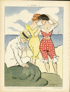 Illustratie van Paul Balluriau (1860-1917) in Le Rire, 01/08/08 - Stranden - Vrije tijd, Liefde, Mode, Maritiem, Zwemkleding