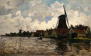 Holland, rivierlandschap met twee windmolens