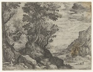 Berglandschap met biddende kluizenaar