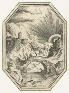 Landschap met stenen brug in octagonaal kader
