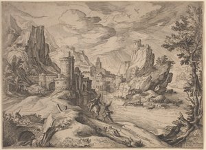 Rivierlandschap met reizigers door Paul Bril