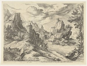 Rotskust in Campania met stad en reizigers door Paul Bril