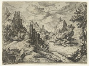 Rotskust in Campania met stad en reizigers