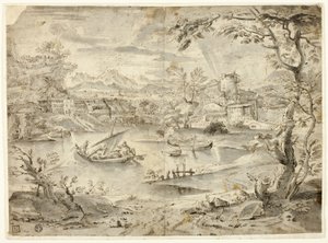 Uitzicht op de stad met vissersboot op de voorgrond door Paul Bril