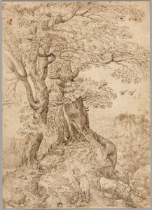 Boslandschap met ezels en geiten, en kasteel op heuvel in de verte door Paul Bril