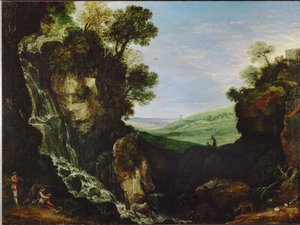 Landschap met waterval en Vestatempel in Tivoli door Paul Brill or Bril