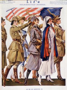 Amerikaanse vrouwen (soldaten, boeren, verpleegsters) vliegen met vlag, door Stahr - Life van 06/02/1919
